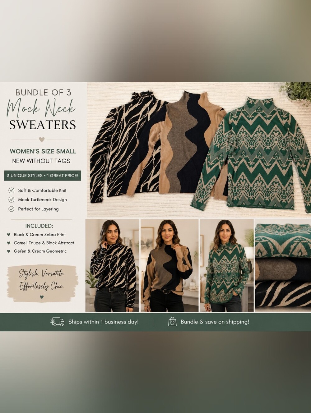 ✨✨Bundle of 3 Mock Neck Sweaters | Women's Small | NWOT | Modern Statement Knits